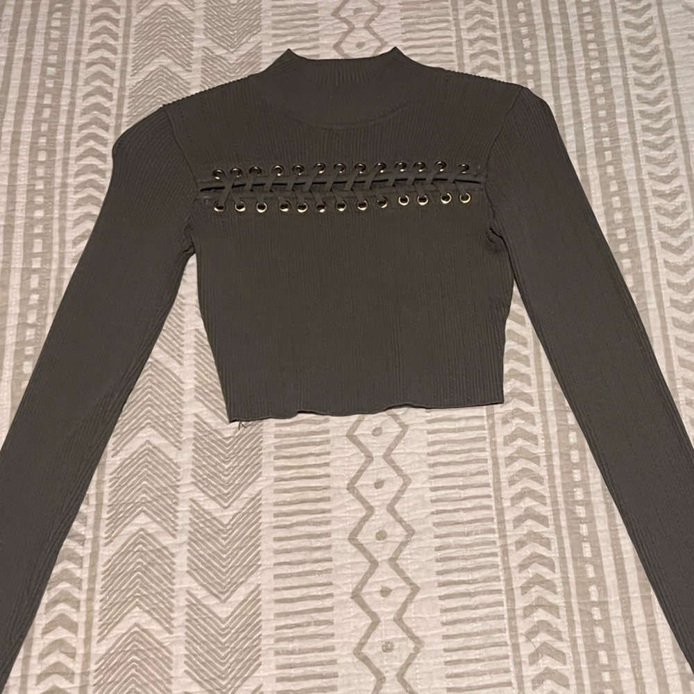 Long sleeve olive, braided, half turtleneck blouse